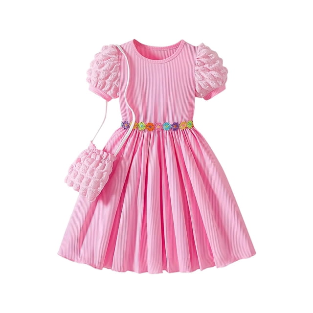 Tranfacy Robes d'Été pour Ados, Robe d'Été pour Filles, Robes d'Été Décontractées pour Filles 3-10 Ans à Manches Courtes Bouffantes, Col Rond, Taille, Robe à Fleurs