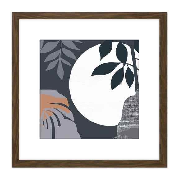 Simple Elegant Boho Rainforest Plants Moonlight Night Shadows Square Wooden Framed Wall Art Print Picture 8X8 Inch