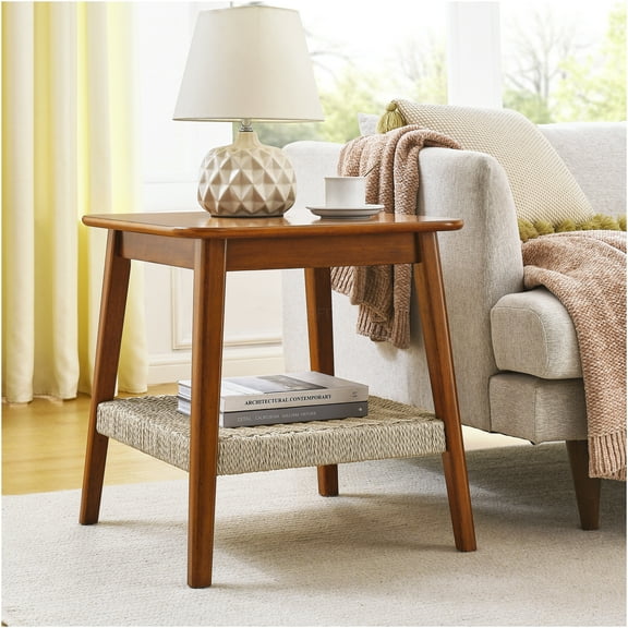 JERFIT 23 inch Mid-Century Modern Side Table with Woven Rattan Shelf, Walnut Finish Small Accent Table for Living Room, Bedroom or Office