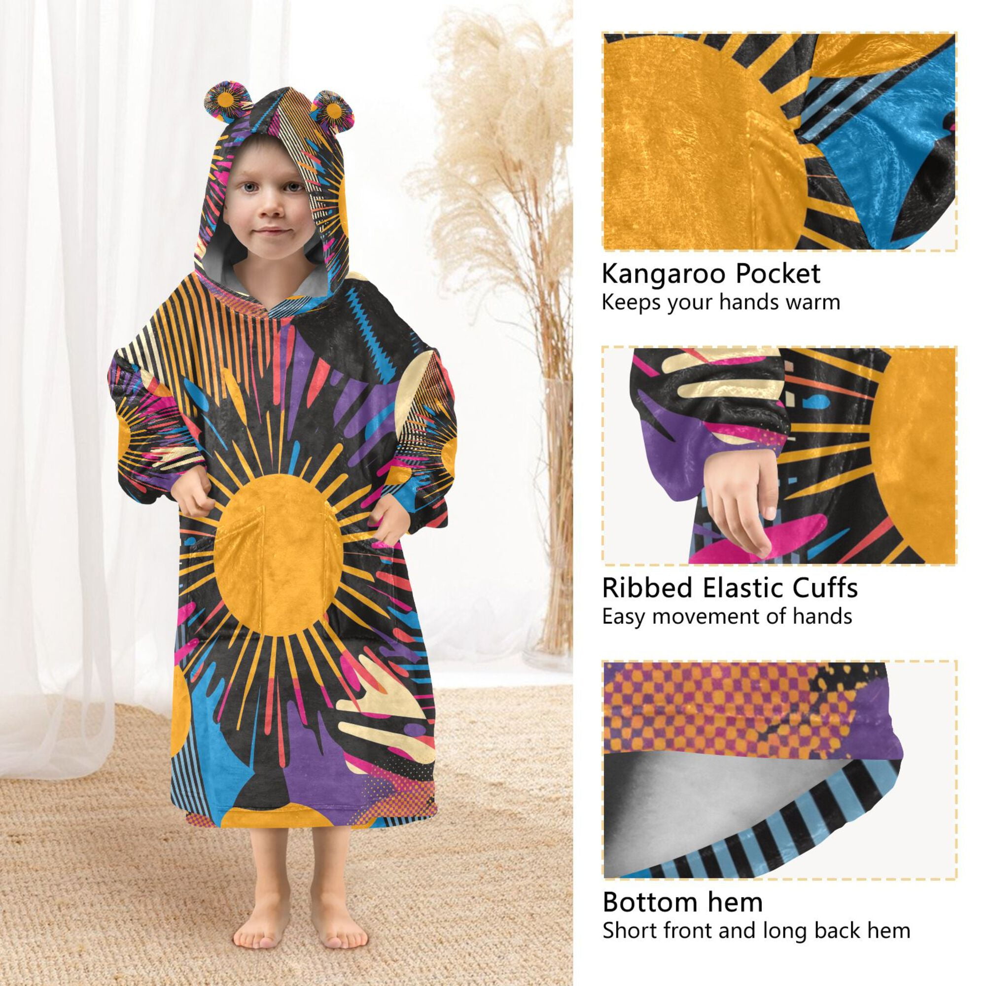 FORMRS Wearable Blanket Hoodie with Sleeves for Kids Cozy Flannel Sweatshirt, Futuristic Circles