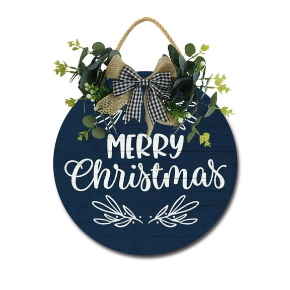 Merry Christmas Door Sign Home Decor Round Wood Wreaths Wall Hanging Sign Farmhouse Porch Sign Front Door Decoration for Housewarming Gift All Seasons Holiday,12In