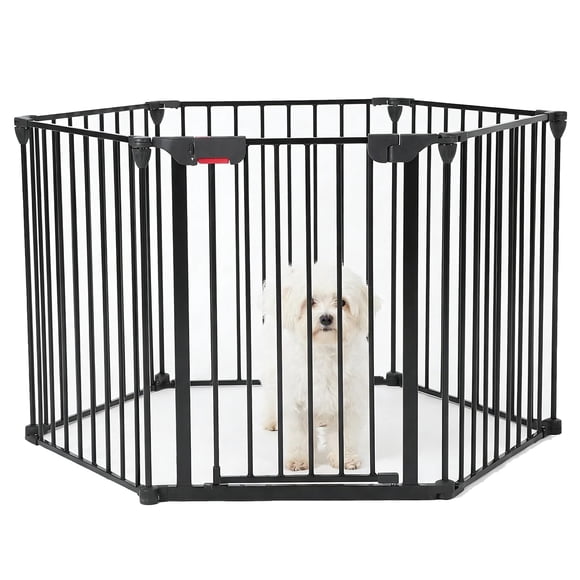QinaQin Puerta de seguridad para perro de metal plegable de 75.6 pulgadas, sin ensamblar, con acceso abatible, diseño tipo acordeón para interior y exterior con montaje a pared