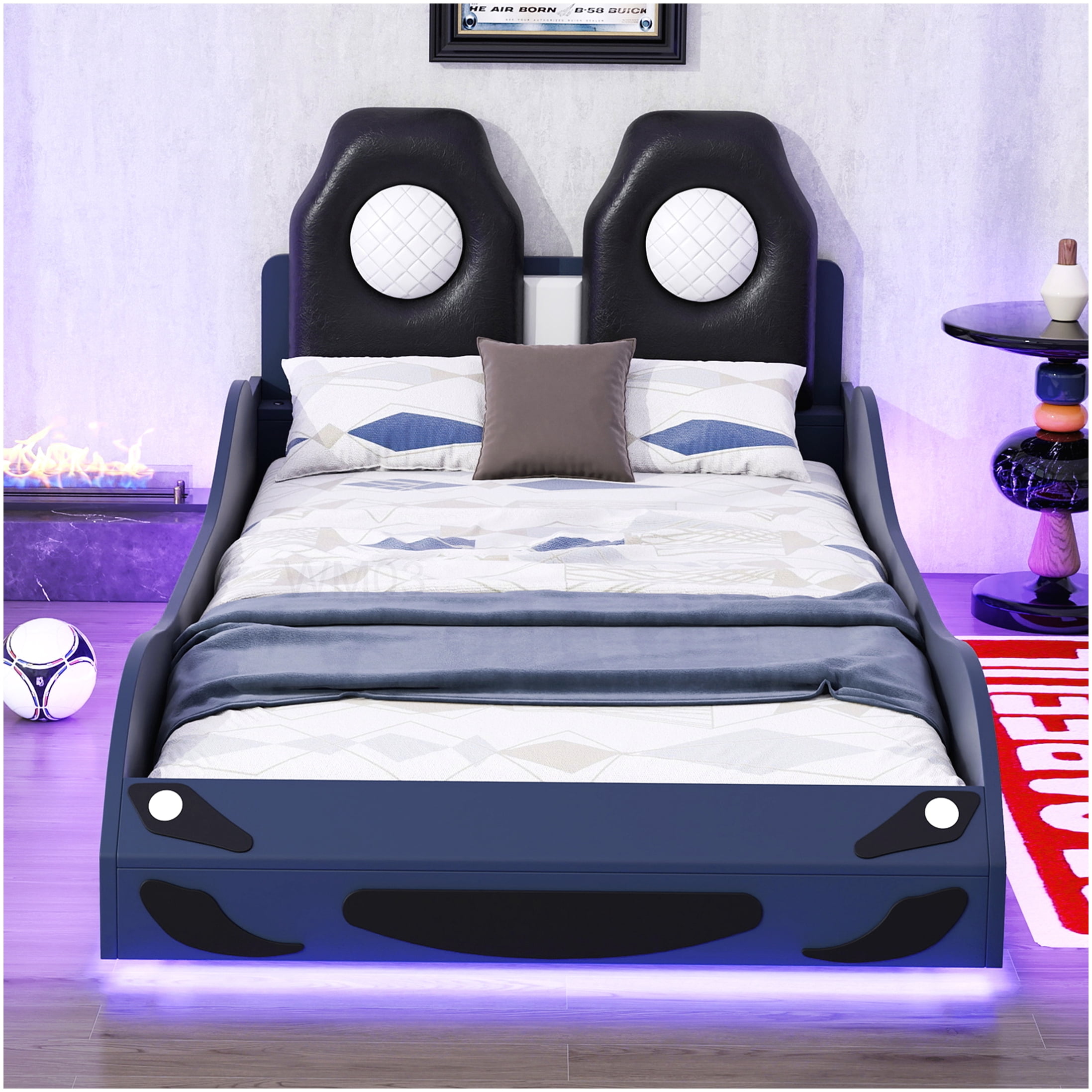 CHAMPFLAG Blue LED Race Car Bed, Twin Size PU Leather Platform Bed with Mood Lighting, No Box Spring Required