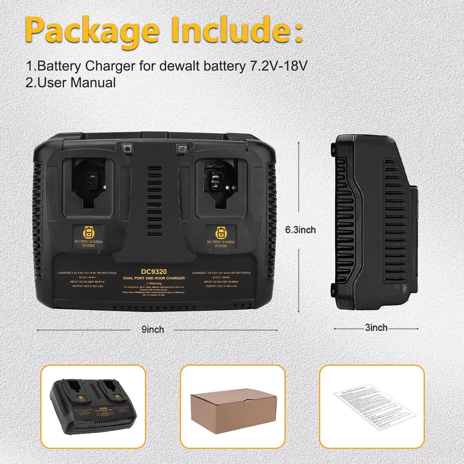 2Pack 18V 4500mAh DC9096 Replacement Battery Compatible with Dewalt 18 Volt DC9099 DW9098 DW9099 DW9095 DW9096 DE9039 and DC9320 Dual Port Charger for 7.2-18V Ni-Cad Ni-Mh Battery