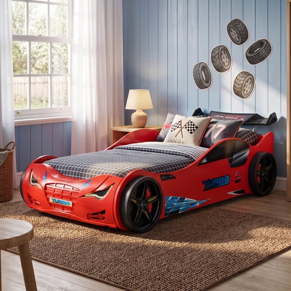 Furniture of America Jorix Wood Race Car Design Twin Kid Bed with LED in Red