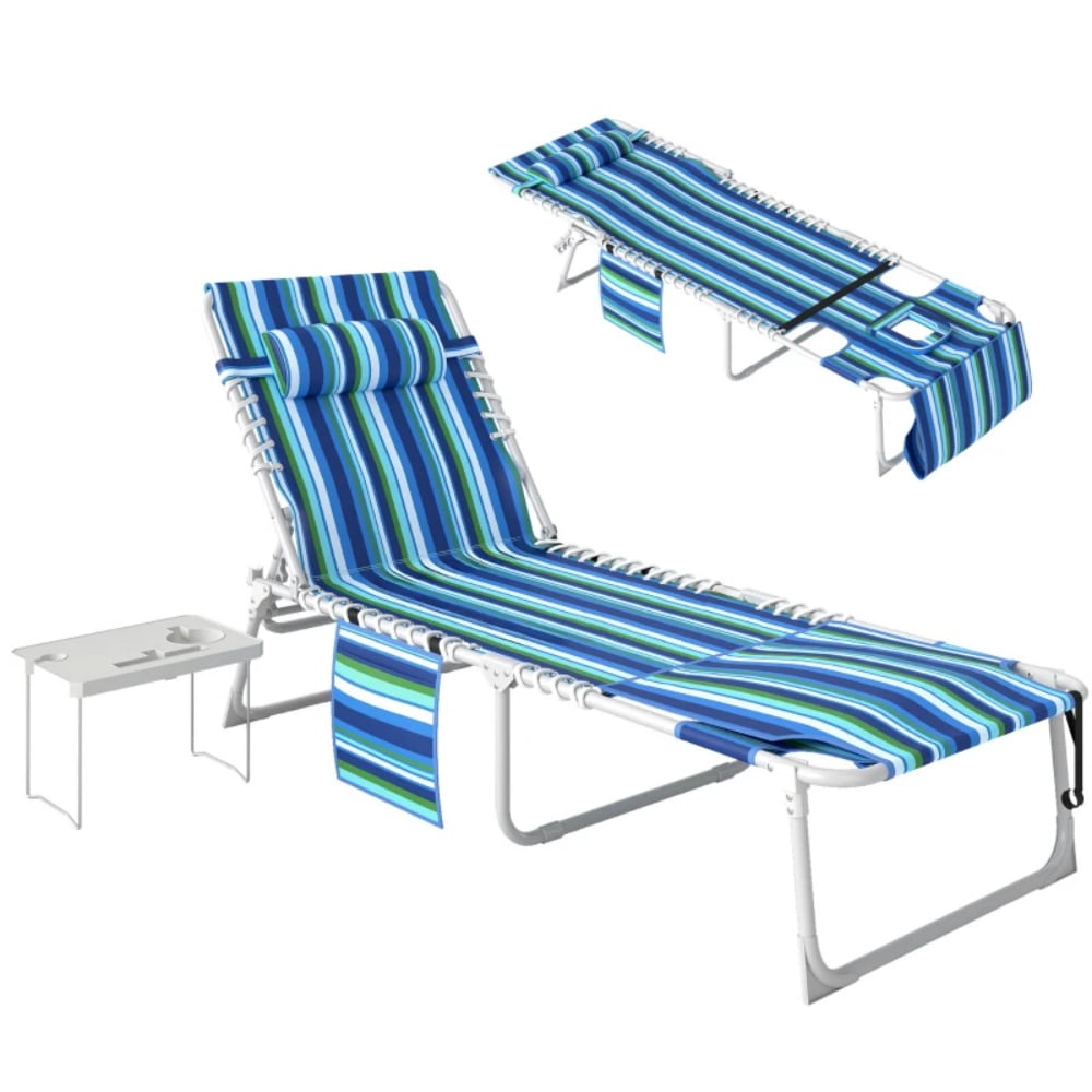 2-Piece Outdoor Lounge Chair with Side Table & Side Pocket 5-Position Adjustable Backrest Face & Arm Holes Folding Beach Pool Lounger 600D Oxford Fabric Carry Strap for Patio Beach Poolside