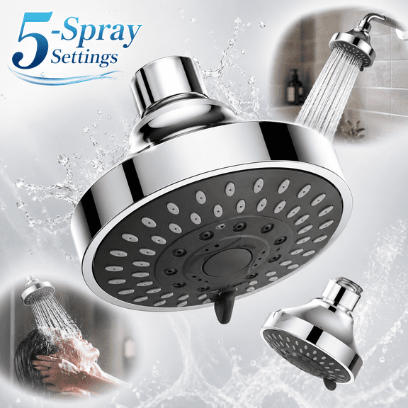 High Pressure Shower Head, 5-Spray Settings Fixed Mount 4-Inch Head with Brass Ball Joint, Provides Strong Flow for Enhanced Rinse Even at Low Water Pressure