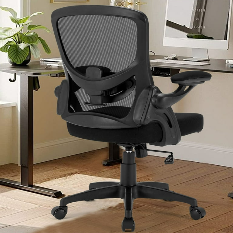 XISHE Ergonomic Office Chair - PU Leather & Mesh, Flip-Up Arms, Adjustable Height, Swivel Rolling Desk Chair (Black)