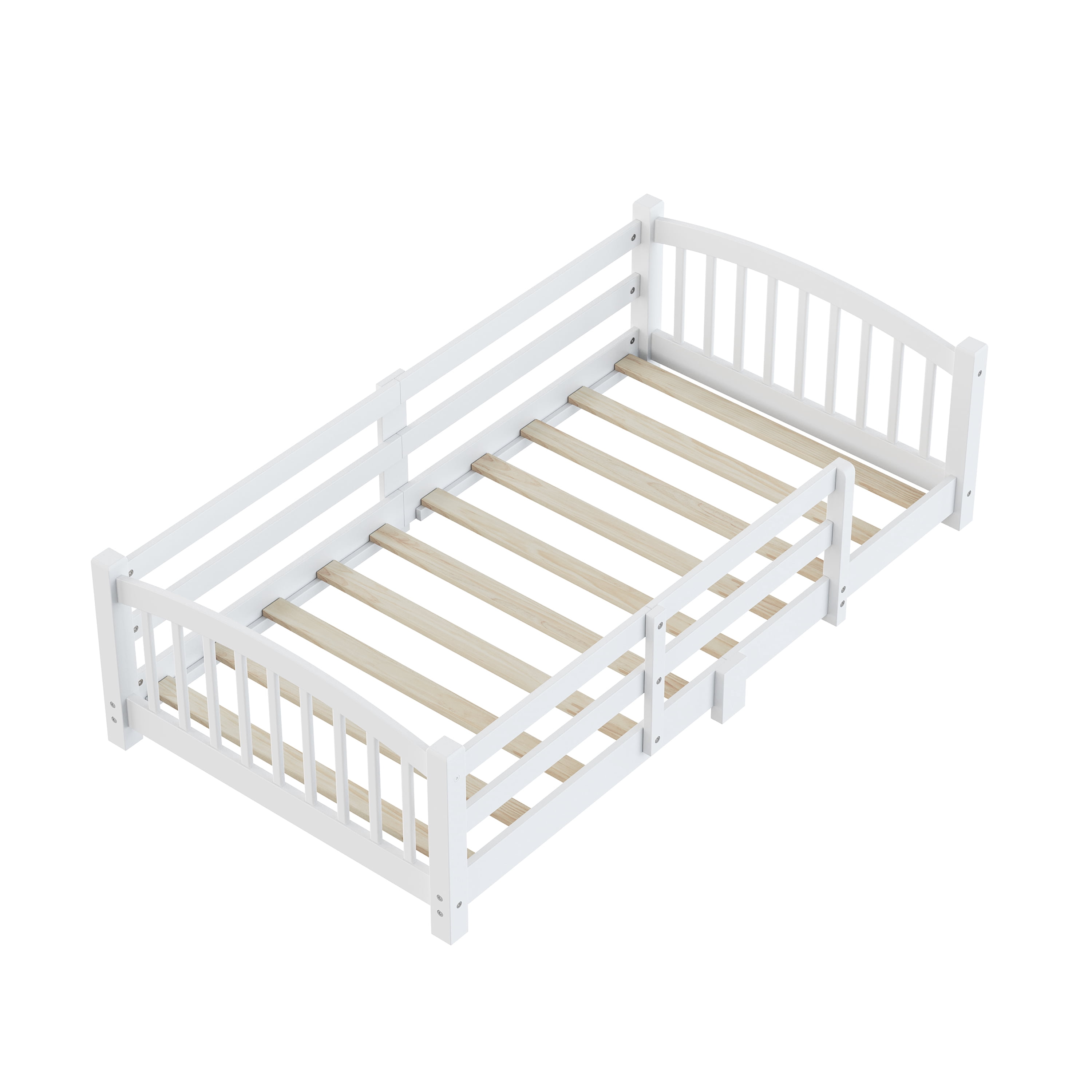 MODERNLUXE Twin Floor Bed with Slats and Safety Guardrails, Montessori Floor Bed with Fence and 1 Opening,Solid Wood Twin Size Bed Frame for Girls and Boys, White