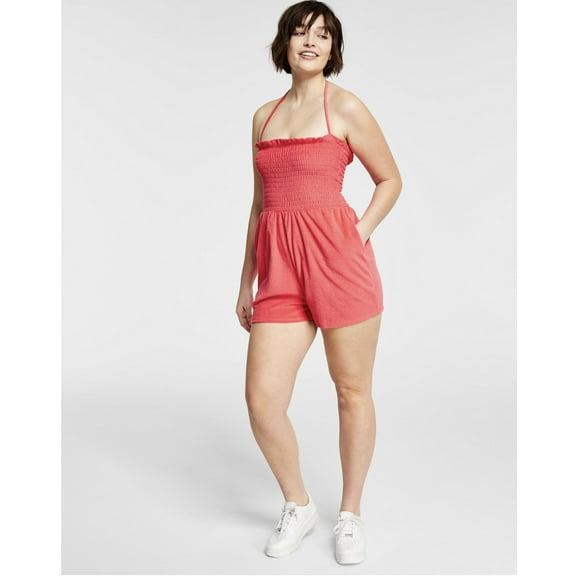 Bar III Womens Tie Neck Terry Cloth Romper Watermelon Punch L
