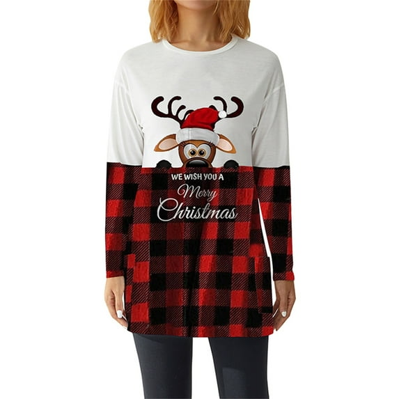 Gureui Women's Christmas Casual Shirts Mini Dress,Long Sleeve Crewneck Plaid Elk Printed Patchwork Loose Pulllover Xmas Blouse Dress