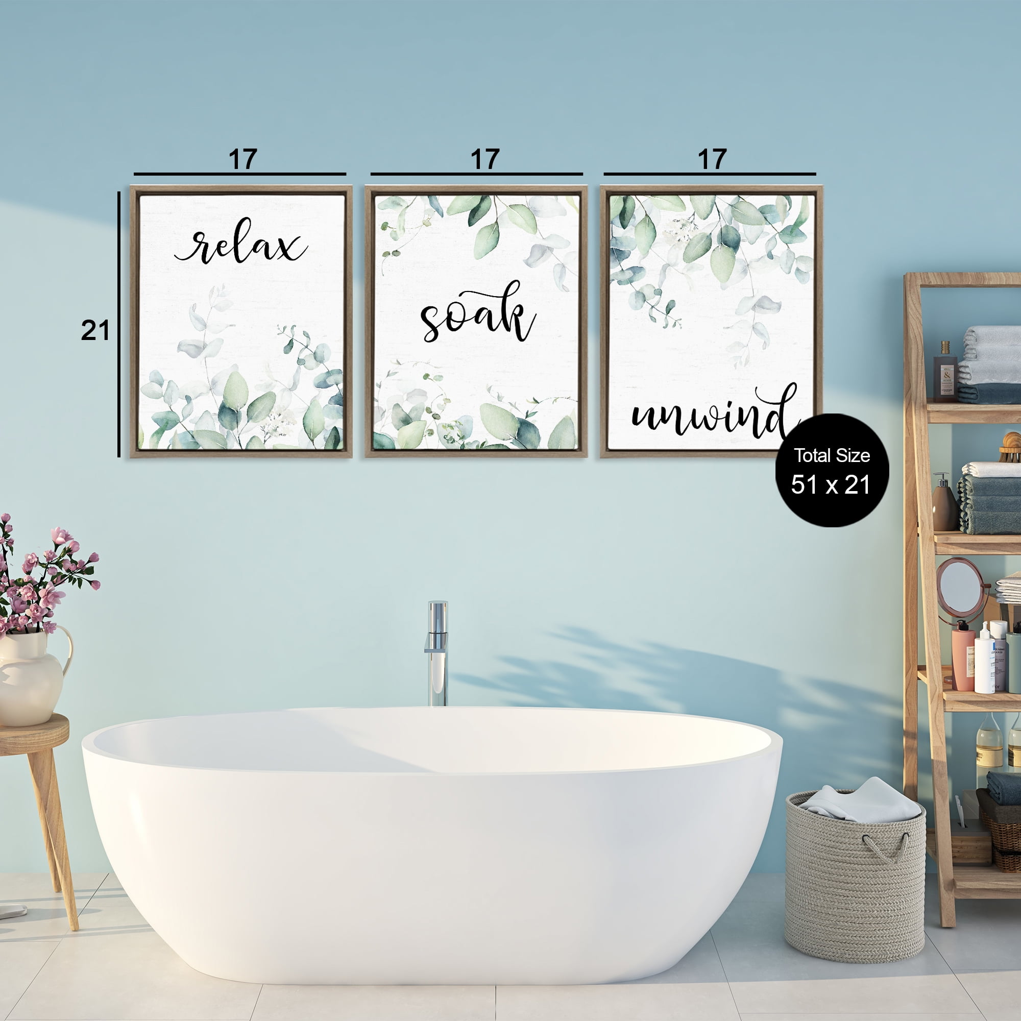 Leafy Bathroom Herbs 3 Piece Brown Framed Floater Canvas Set, design by Lettered and Lined