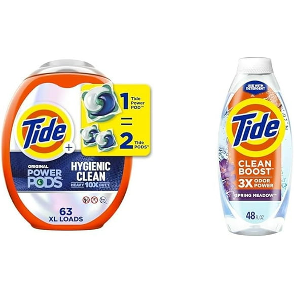 Tide Hygienic Clean Heavy 10x Duty Power PODS Laundry Detergent Liquid Soap Pods, Original, 63 count & Deep Cleansing Fabric Rinse with 3X Odor Power, Spring Meadow, 48 oz