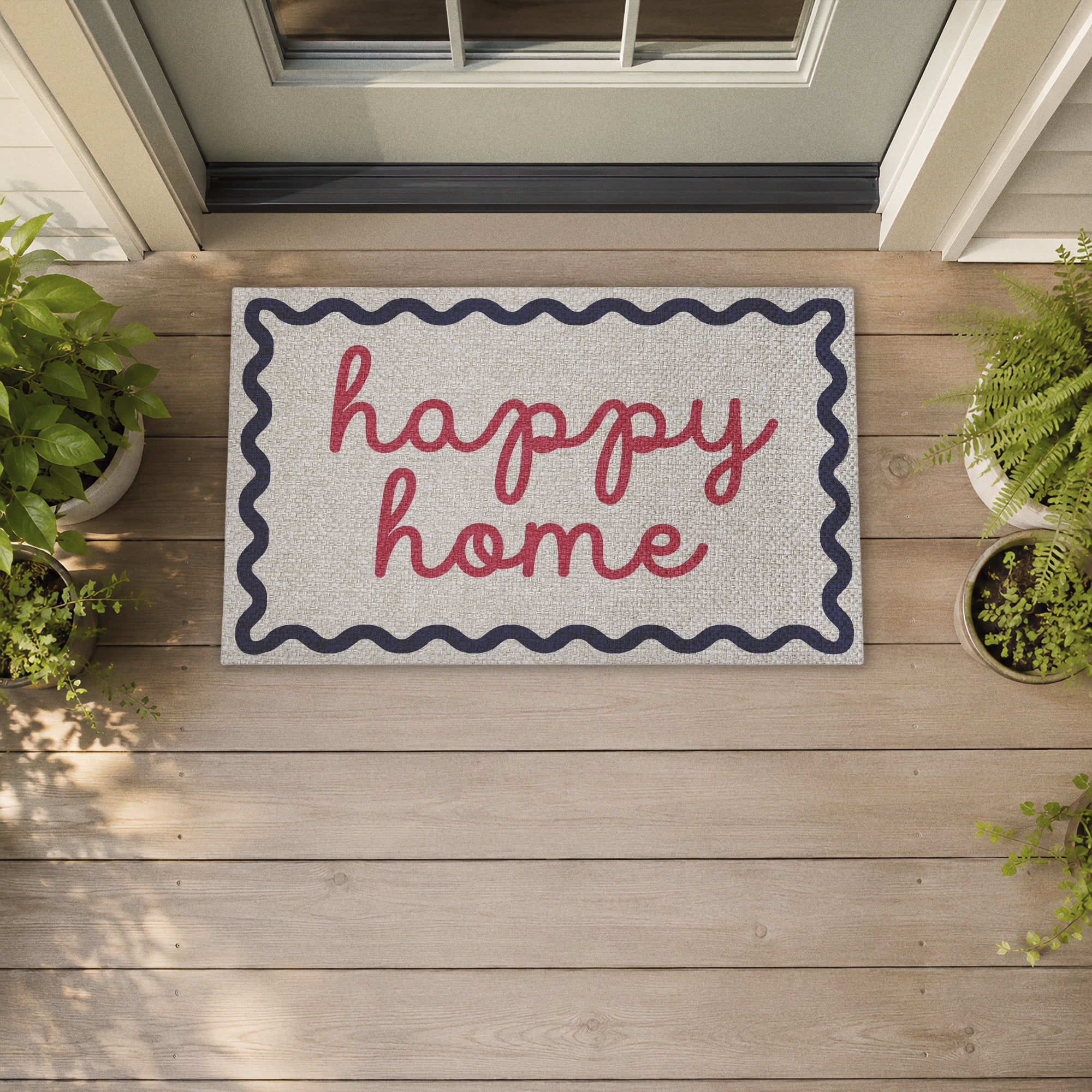 Stupell Industries Happy Words with Wavy Border Printed Outdoor Imitation Sisal Floor Mat, design by Lil' Rue