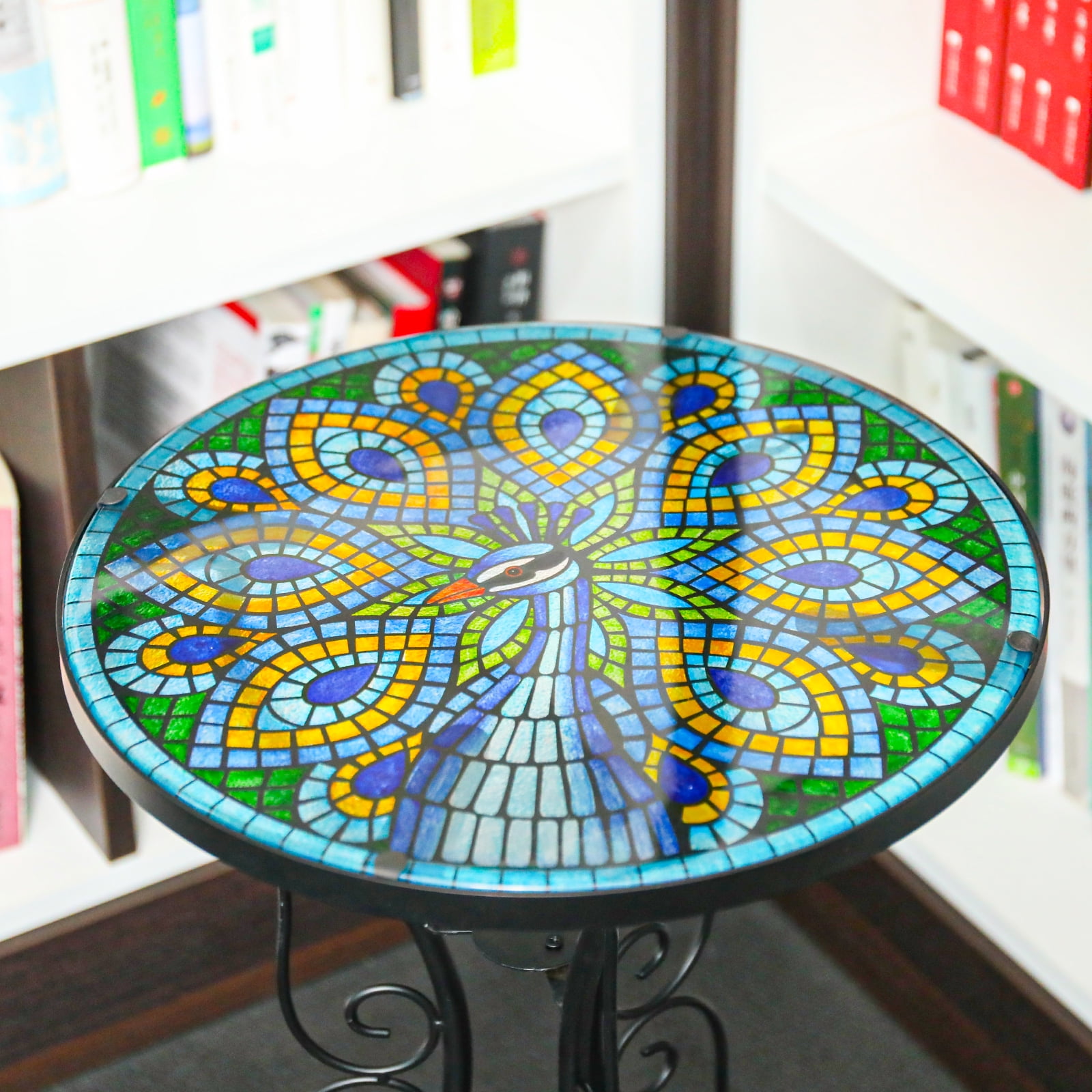 Peacock Glass Side Table for Garden, Outdoor Plant Stand Mosaic Accent Table Round Small End Table for Living Room Porch Balcony Garden