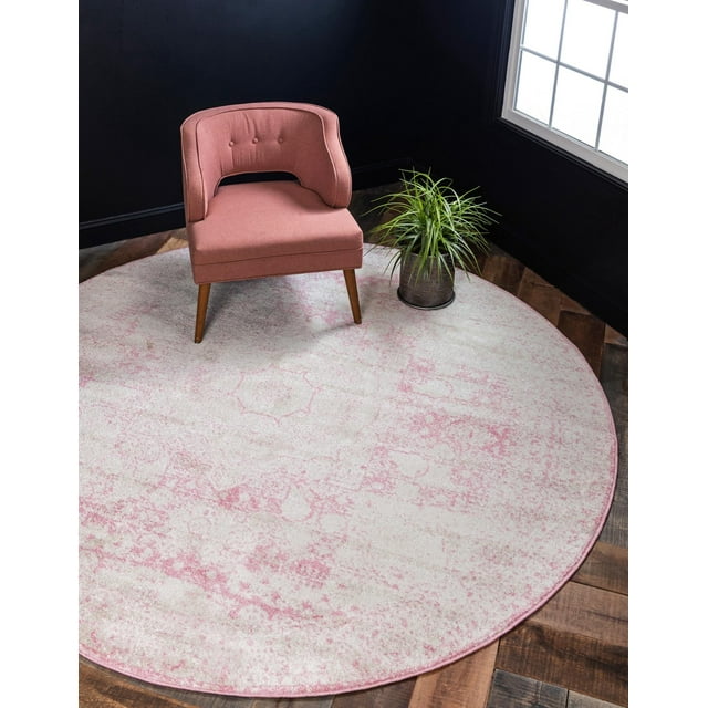 Dover Collection Rug 5 Ft Round Pink LowPile Rug Perfect For Kitchens, Dining Rooms