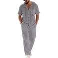 thumbnail image 2 of Men's 2 Piece Hooded Short Sleeve Shirt And Long Pants Set, Linen Textured Casual Outfit With Chest Pocket, Breathable Summer Beach Wear For Vacation And Loungewear,Dark Gray,L, 2 of 6
