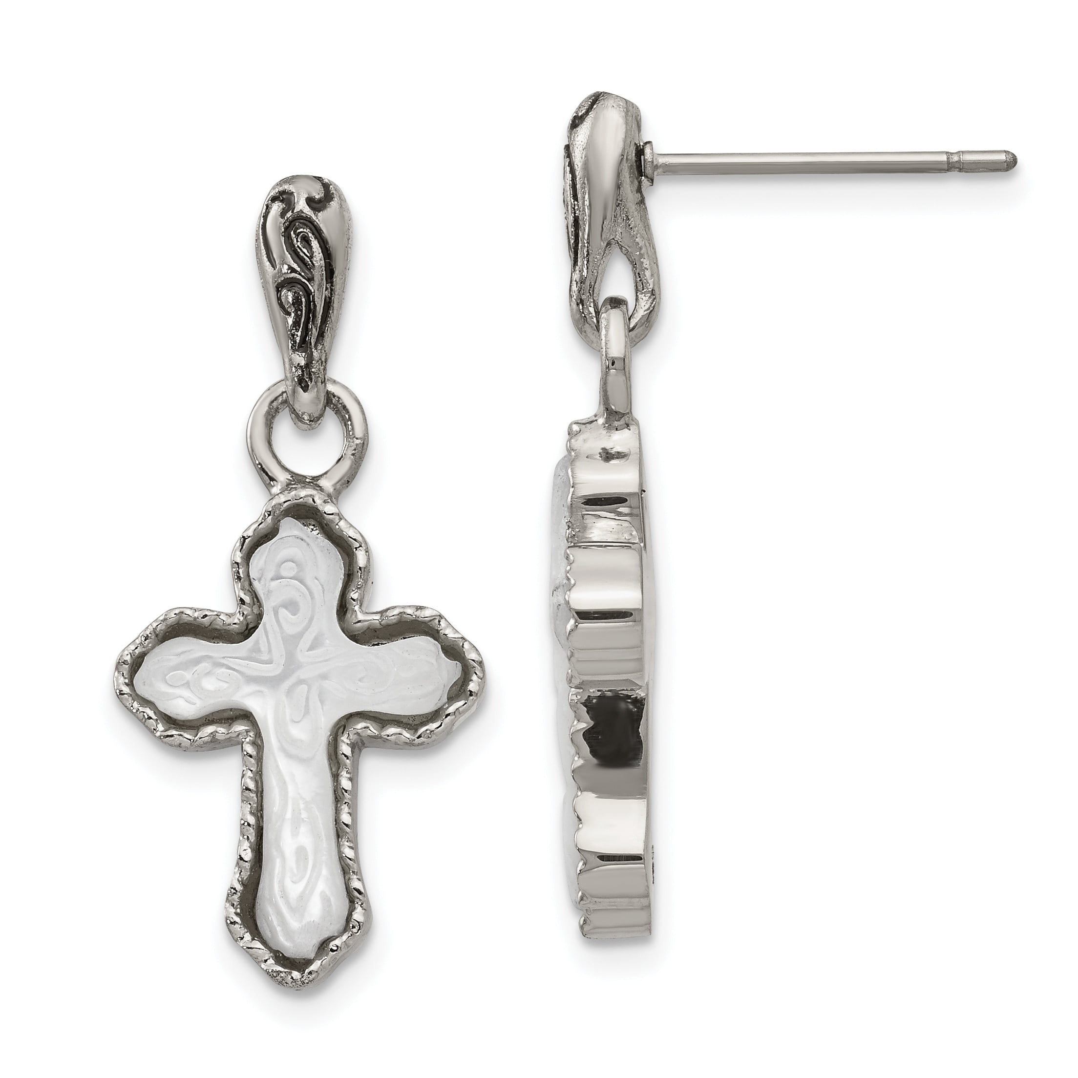 Primal Steel Stainless Steel Polished Carved Mother of Pearl Cross