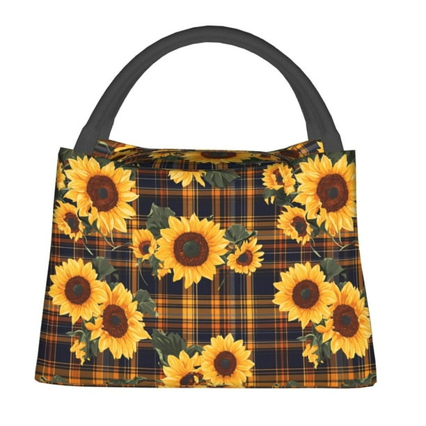 Easygdp Brown Blue Plaid Sunflower Bolsa de Almuerzo Insulada Reutilizable, Bolsa de Mano y Bandolera para Oficina, Trabajo, Viajes