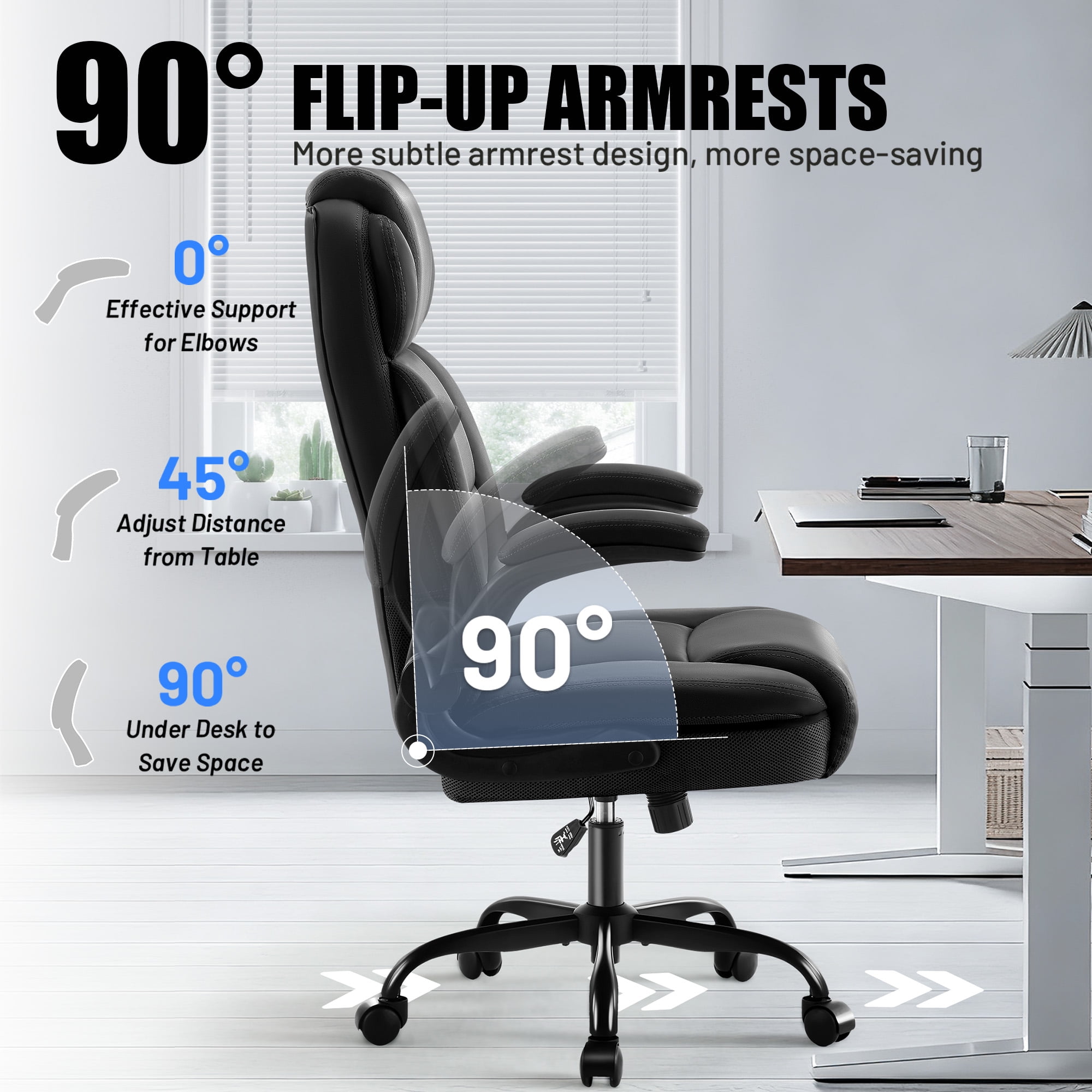 Dhole Ergonomic High-Back PU Leather Office Chair with 120° Recline & Flip-Up Arms - Home Office Desk Chair for Work, Study, Gaming, 300LBS Capacity (Black)
