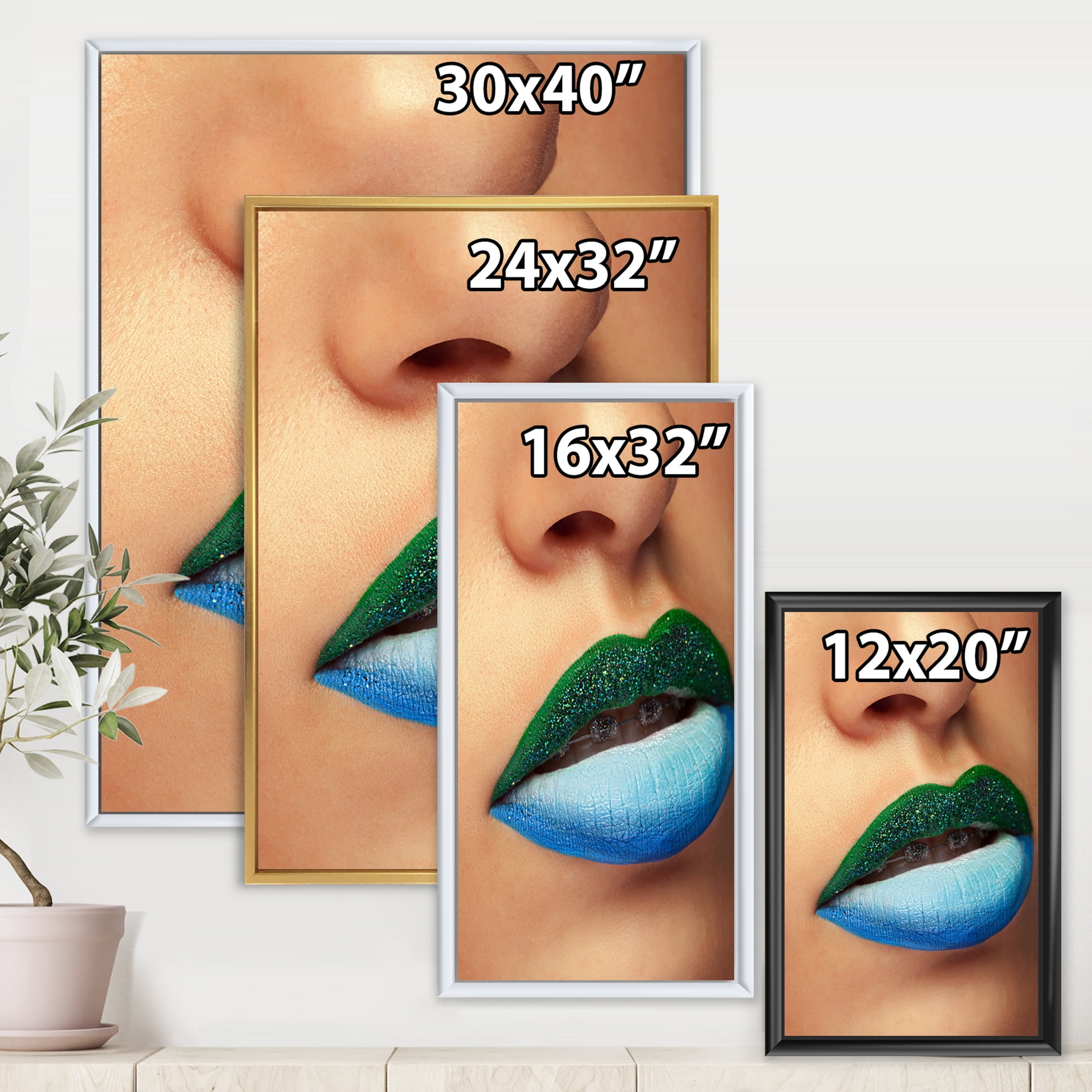 Designart 'Close Up Woman Lips With Fashion Make Up and Brackets' Modern Framed Canvas Wall Art Print