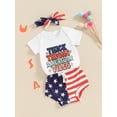thumbnail image 2 of Bagilaanoe 4th of July Outfits for Newborn Baby Girl Short Sleeve Letter Print Romper Tops + Striped Shorts + Headband 3M 6M 12M 18M Infant Independence Day Clothes 3pcs Short Pants Set, 2 of 8