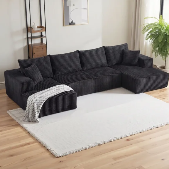 VERDECORE 127" Boneless Cloud Couch, U-Shaped Modular Sectional Sofa, Modern Corduroy Deep Seat, No Assembly Needed, Black Living Room Sofa
