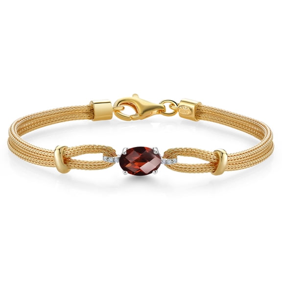 925 Two Tone Sterling Silver Red Garnet and White Lab Grown Diamond Bracelet for Women (1.58 Cttw, Gemstone January Birthstone, Oval Checkerboard 8X6MM, 6.5/7/7.5 inches, Made in Italy)