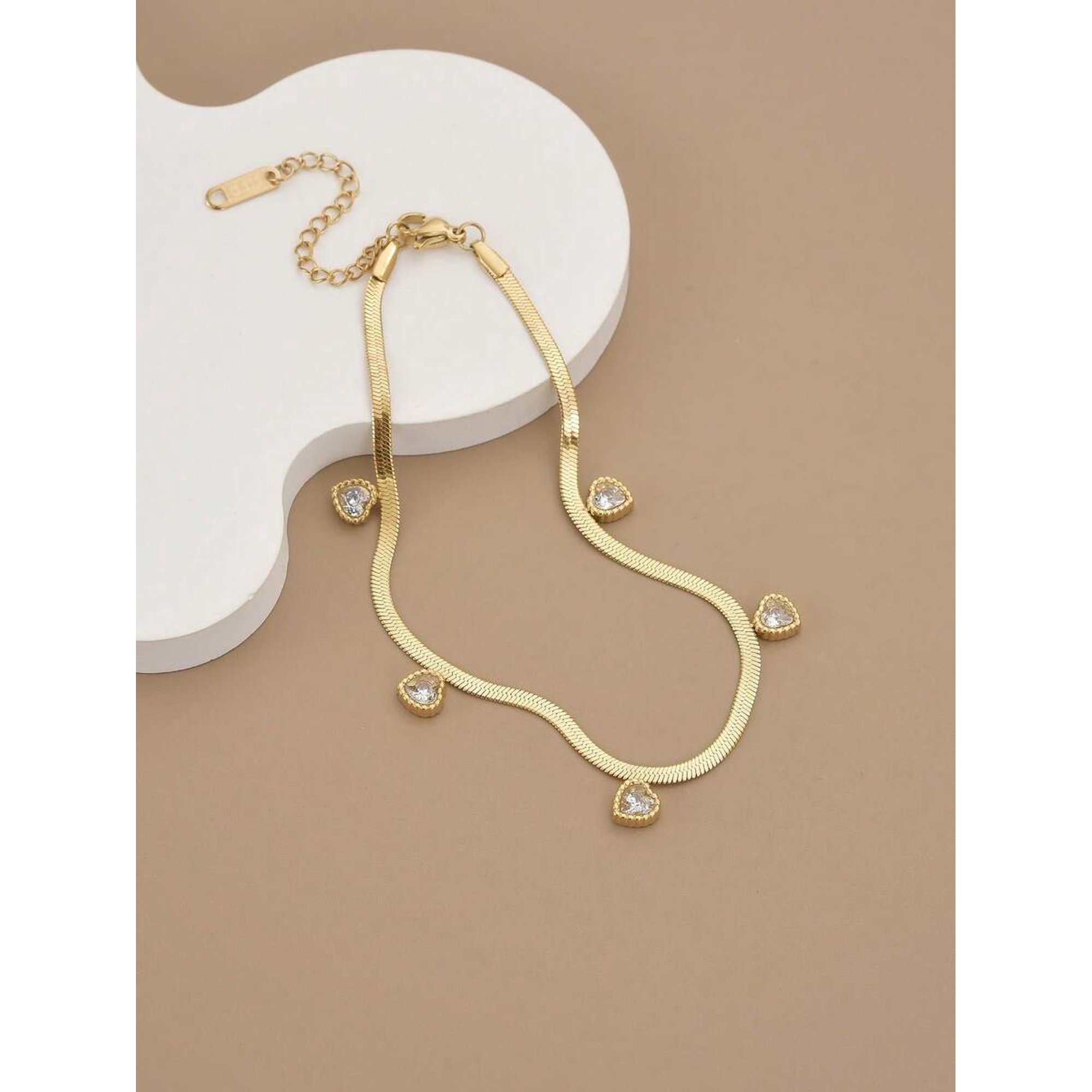 Yellow Gold Snake Chain Anklet With Heart Charms And Lobster Clasp