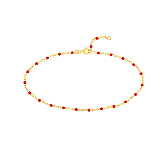 14k Yellow Gold Red Enamel Bead Chain Ankle Bracelet Adjustable With One Inch Extension Anklet 10 Inch Anklet for Women