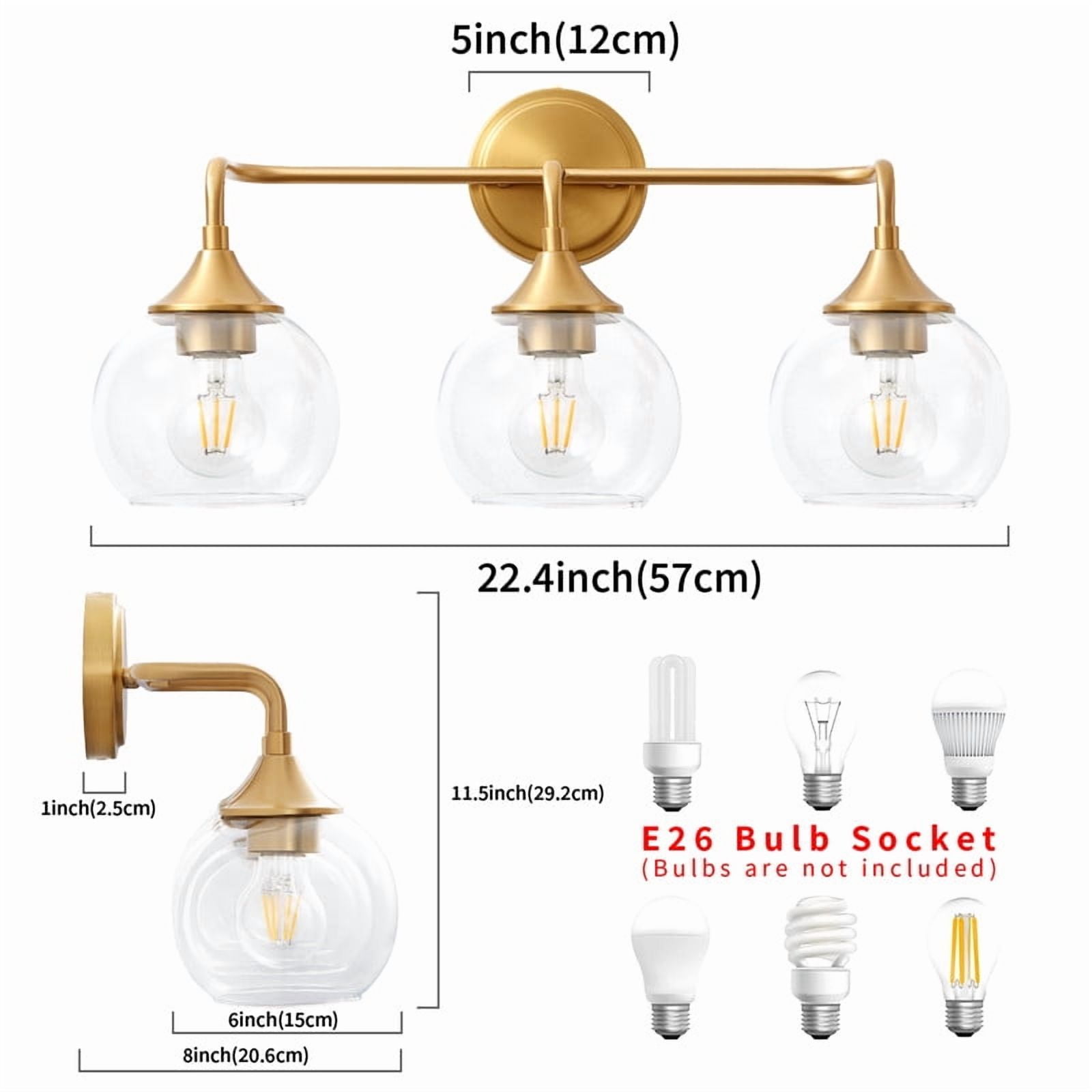 Bathroom Light Fixtures 3 Light Bathroom Vanity Light with Clear Glass Shade, 22 inch Bathroom Light Fixtures Over Mirror, Black and Gold Vanity Lights for Bathroom (Exclude E26 Bulb)