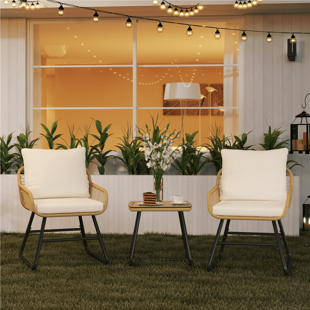 Renwick 3-Piece Patio Bistro Set with Wicker Rattan Chairs and Table, Tan/Cream