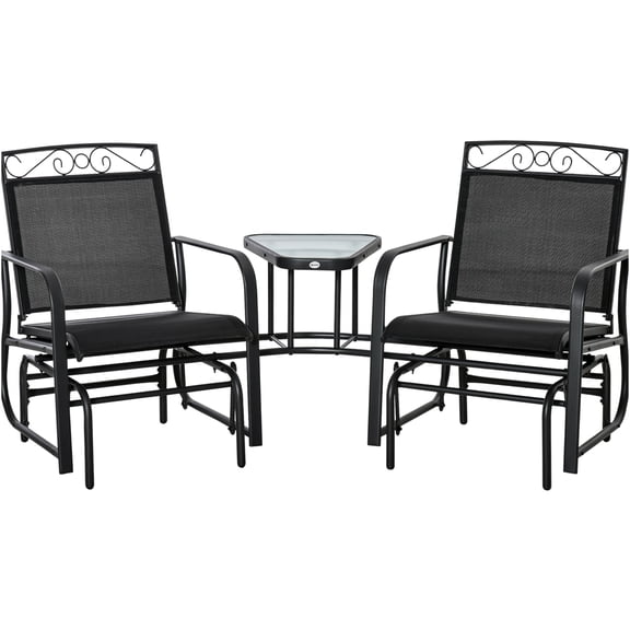 JERFIT 2-Person Outdoor Patio Glider Swing with Center Table, Black Steel Frame & Breathable Sling Seats for Porch, Garden, Backyard