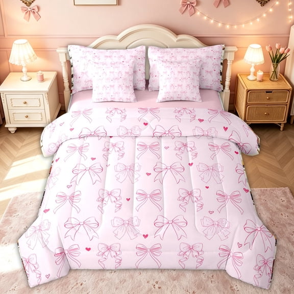 meiyoeat Girly Pink Bow Twin Bedding for Kids Girls, Love Heart Bedding Comforter Set for Bedroom, Pink Reversible, 7-Piece