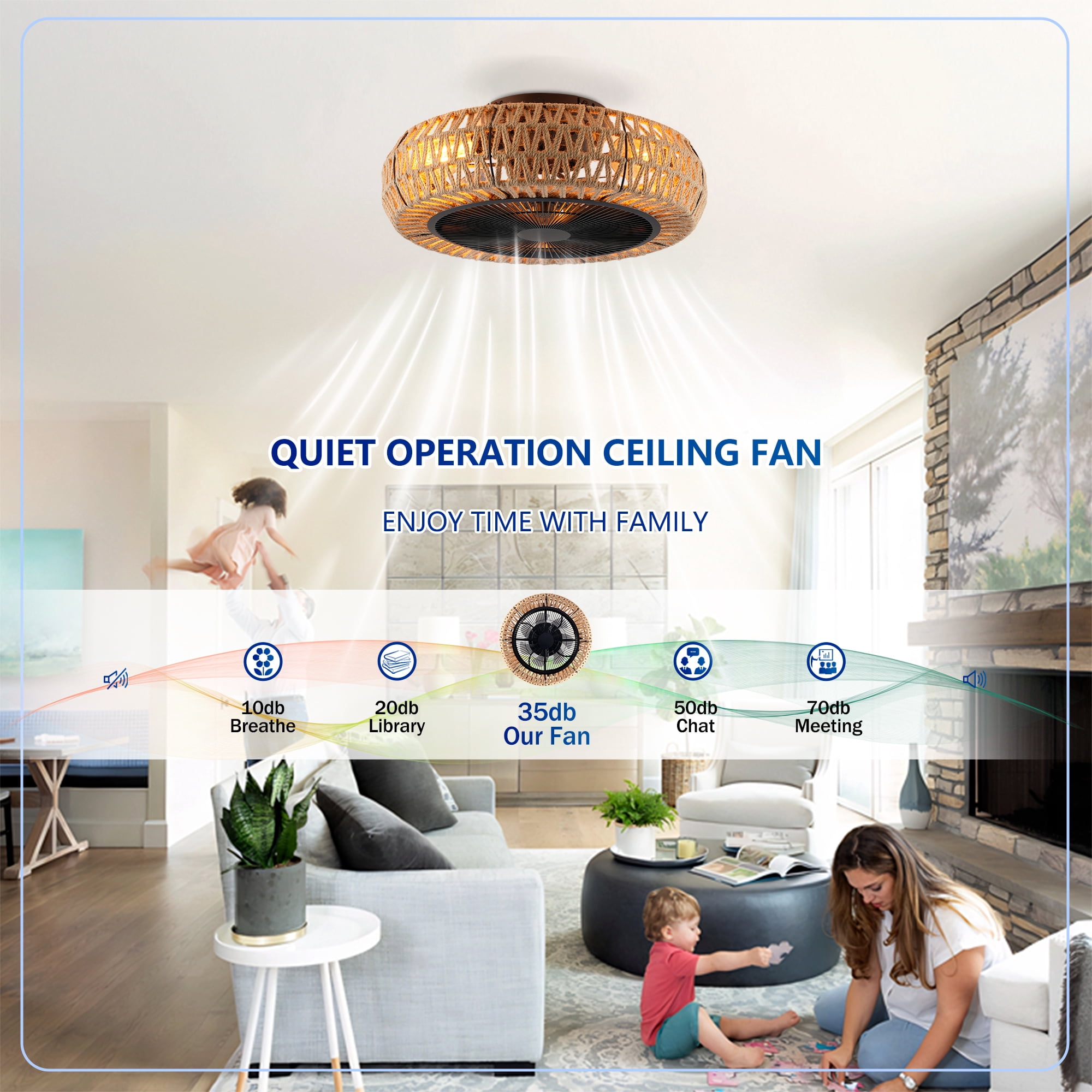 Leumius 20" Vintage Rope Ceiling Fan with Light and Remote ,6 Speed, DC Motor Reversible Ceiling Fan for Living Room Bedroom Dining Room (NOT Included Bulbs)
