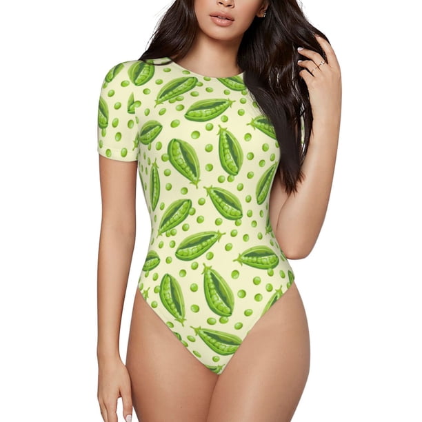Fotbe Green Peas Body de Mujer con Cuello Redondo y Mangas Cortas, Sin Mangas Ajustado, Suave, Cómodo y Básico-XX-Large