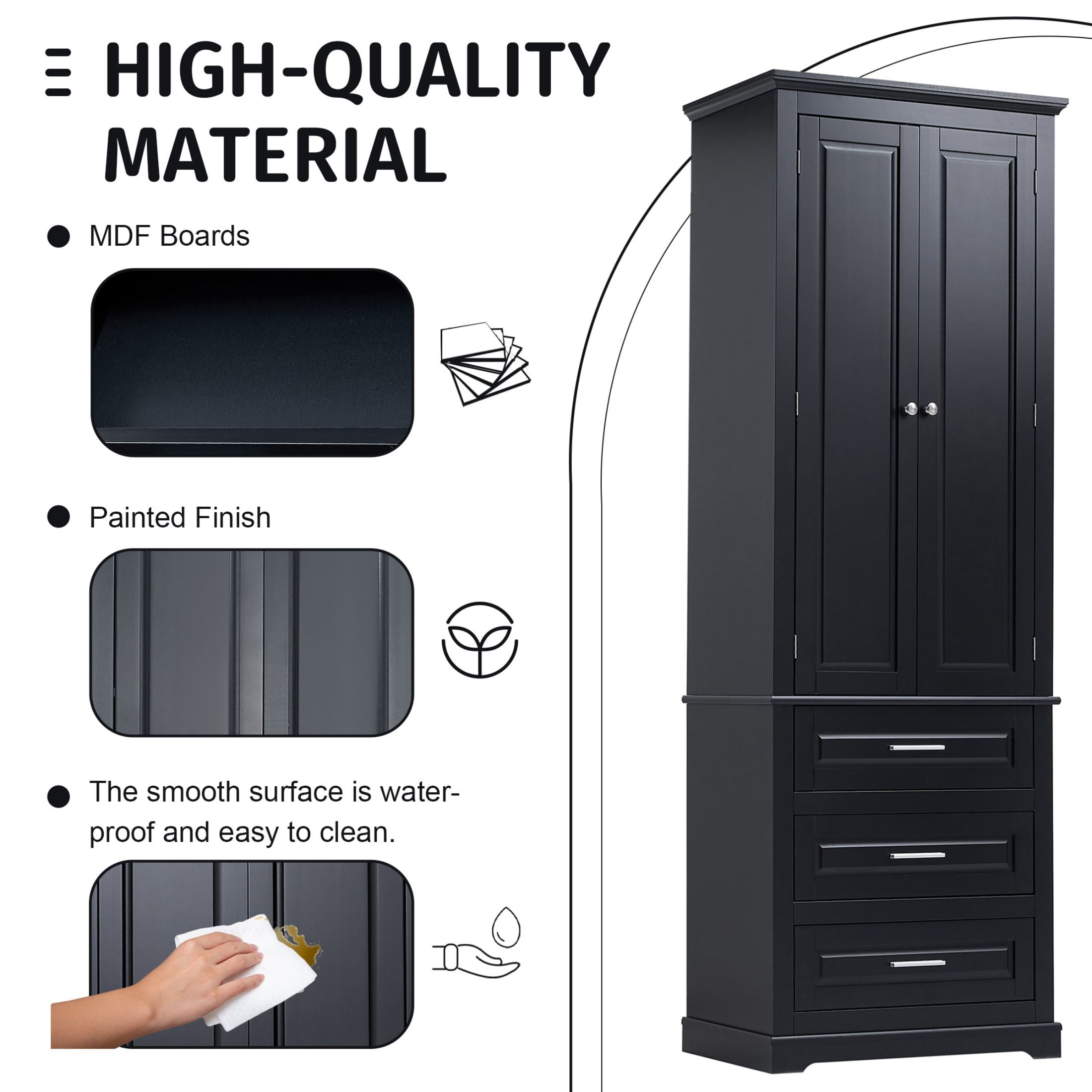 DEALTOPS Stylish Spacious Storage Cabinet with 3 Drawers and Adjustable Shelf for Bathroom, Living Room, Black