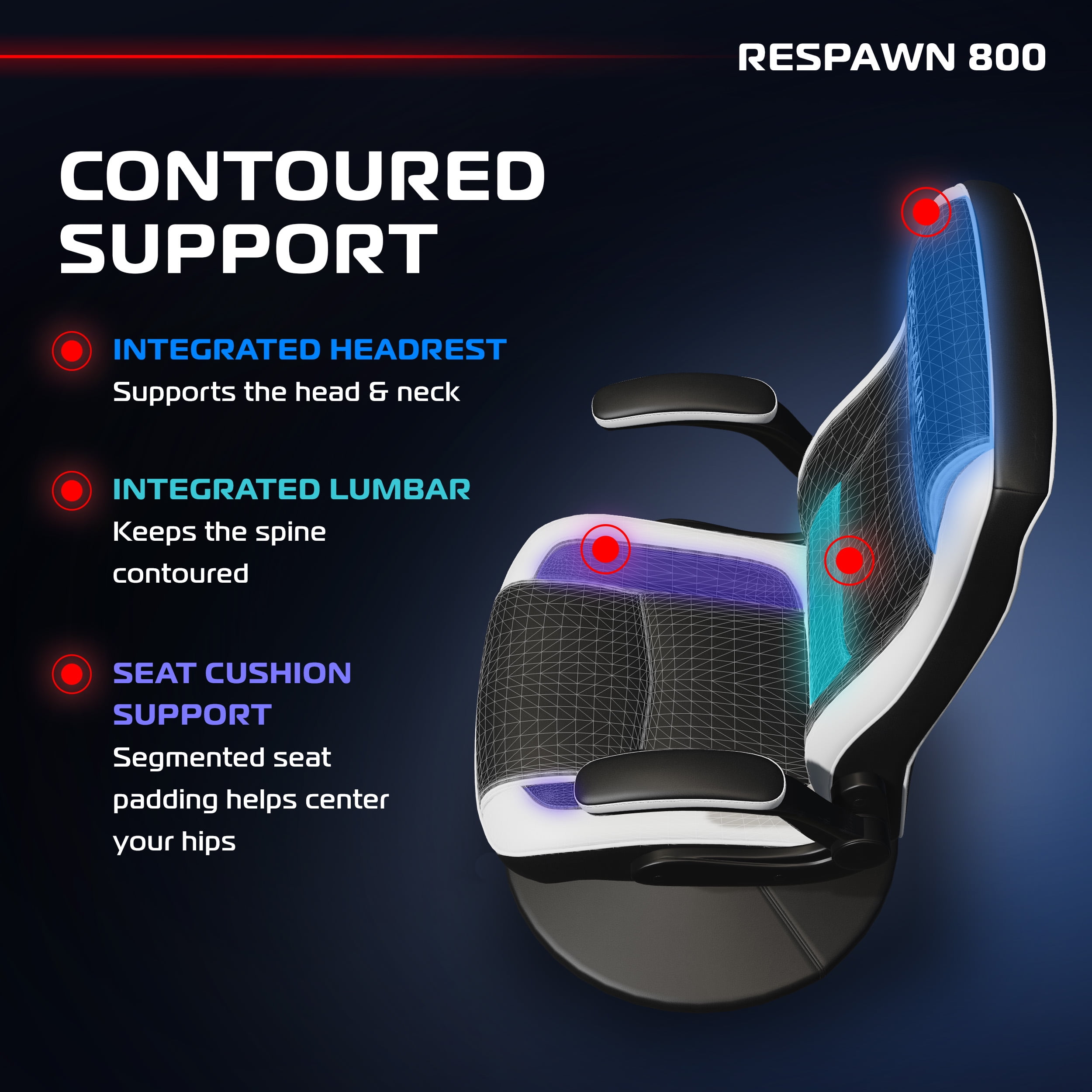 RESPAWN 800 Swivel Rocker Gaming Chair - Ergonomic Floor Gaming Seat with Lumbar Support, Flip Up Armrest, High Back, Pedestal Base, Comfortable No Wheels Console Video Game Rocker Chair - White