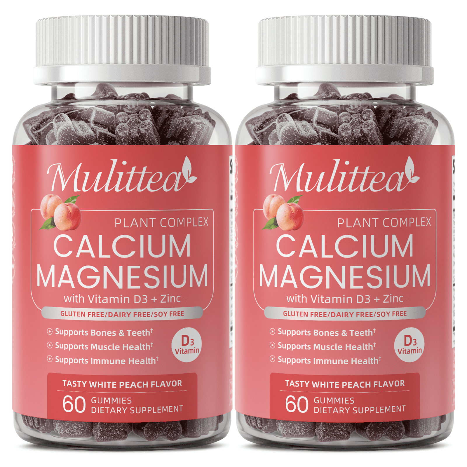 Calcium Magnesium with Vitamin D3 Zinc Gummies,w/ Seawee,Elderberry for Bone & Immune Support,Peach Flavor, 60 Calcium Magnesium Zinc Gummies(2 Pack)