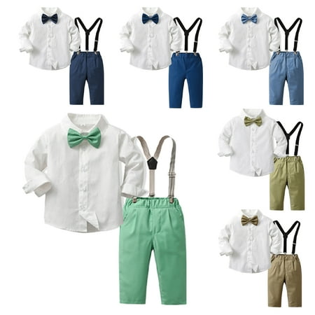 

Esaierr Toddler Boy Dress Clothes Outfit Dress Long Shirt with Bowtie+suspender Pants Dressy Outfit with Detachable Suspenders