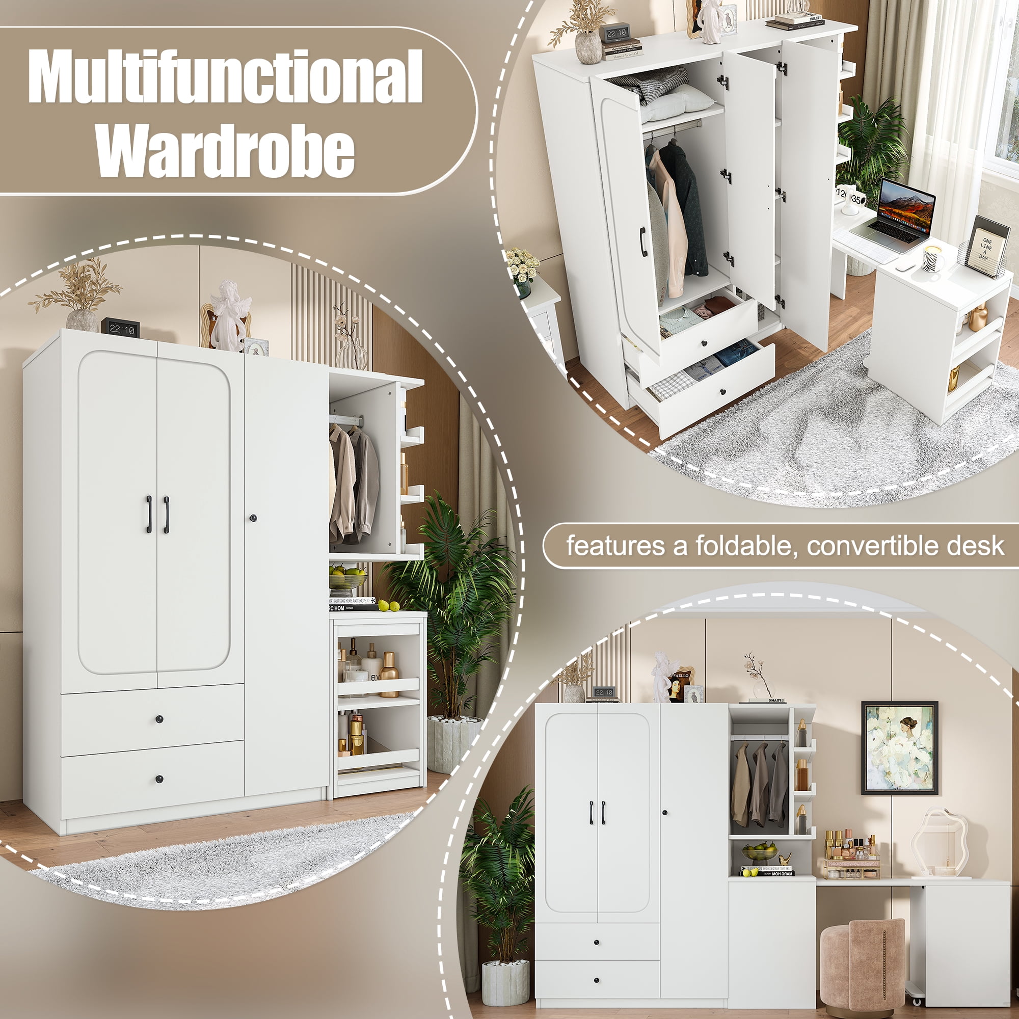 Mintazer Multifunctional Wardrobe Closet with Convertible Foldable Desk & Open Shelves, Clothes Storage Cabinet with Hanging Rod & Drawers for Bedroom Cloakroom Apartment, White
