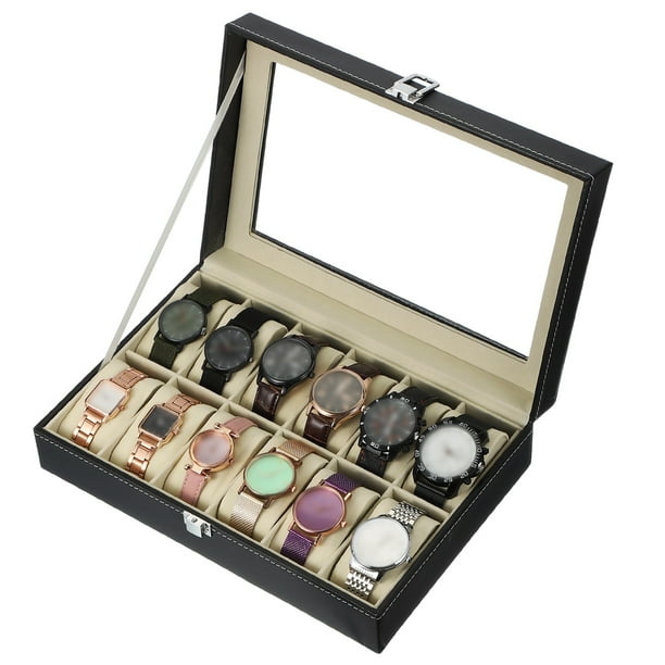 Caja de Almacenamiento para Relojes xcell de 12 Ranuras, Caja de Reloj para Hombres con Tapa de Vidrio, Caja de Reloj de Madera con Almohada para Reloj Removible, Negro/Beige