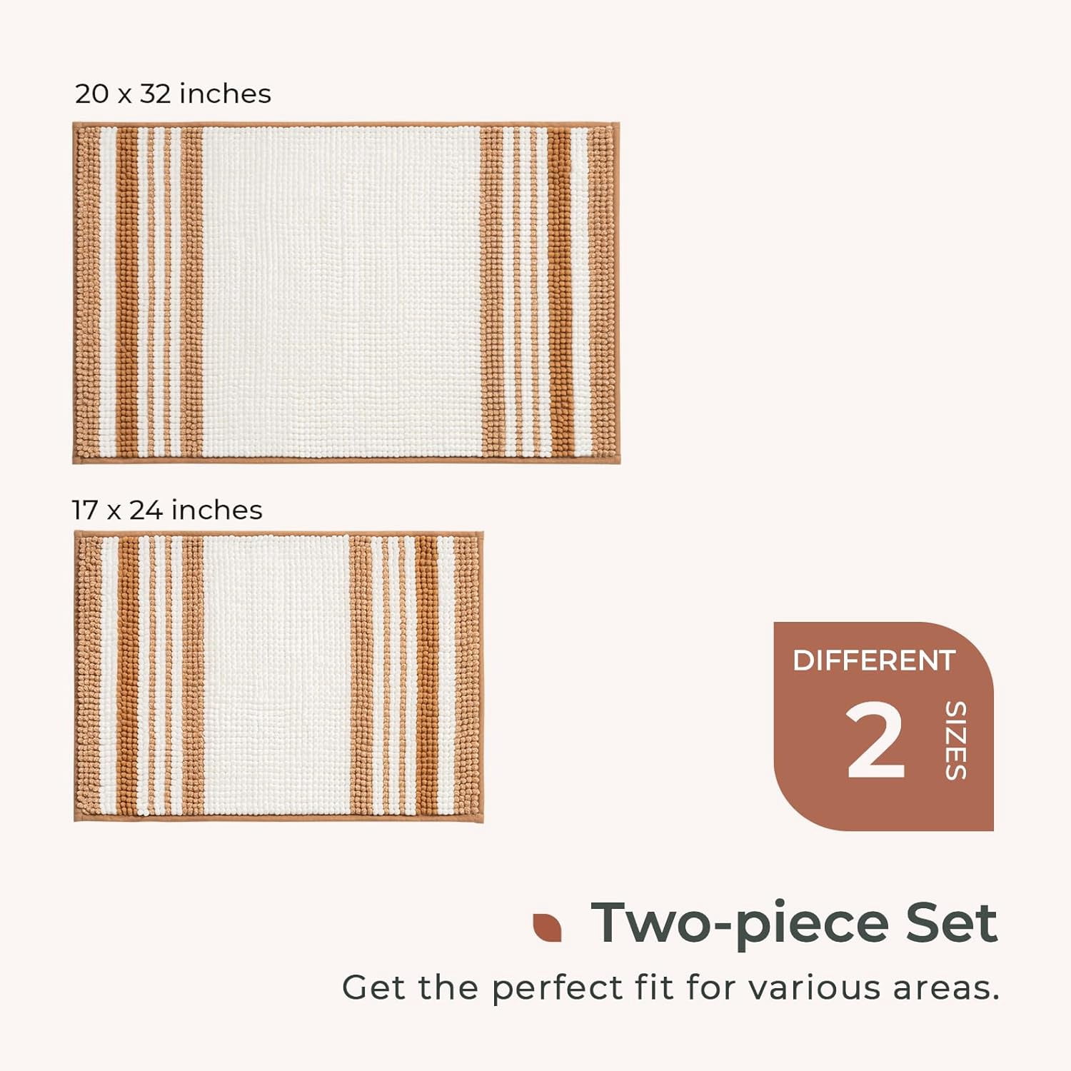 Stripe Chenille Bathroom Rugs Sets 2 Piece 17"x24"+20"x32", Bath Mats for Bathroom Non-Slip, Washable Boho Bath Rugs Set, Water Absorbent Shower Floor Mat, Persian Orange and White