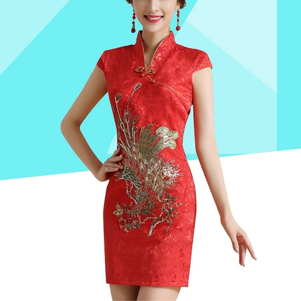 Traditional Chinese Women Wedding Cheongsam Slim Short Sleeve