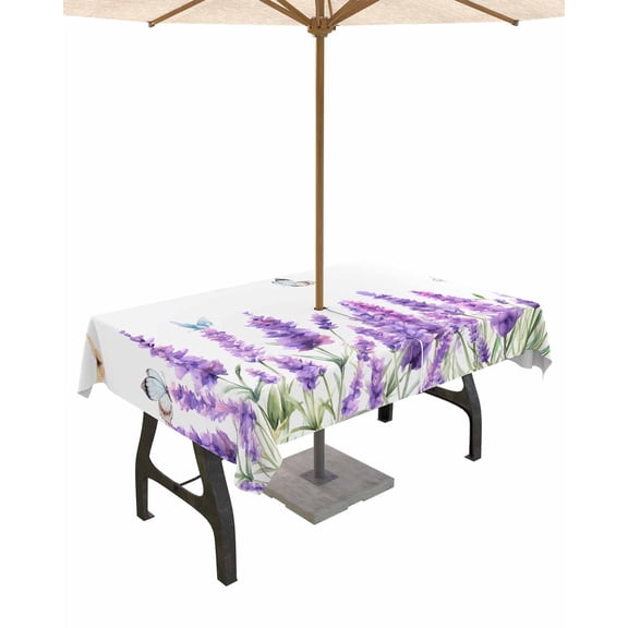 Fsddascl Lavender Outdoor Tablecloth - 60x84 Inch Rectangle Dining Table Cover, Purple Spring Floral Botanical Butterfly Waterproof Outdoor Table Cloth with Umbrella Hole & Zipper for Picnic/Patio