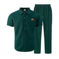 thumbnail image 5 of Mens Summer Waffle Knit Business 2 Piece Set Casual Outfits Button Down Short Sleeve Shirt & Loose Drawstring Pants Textured Striped Tracksuit Walking Suits Big and Tall Size S-3XL Army Green, 5 of 5