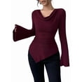 thumbnail image 3 of Women Long Sleeve Cowl Neck Ribbed Knit Fall Shirts Slim Fit Ruched Going Out Crop Tops Basic T-Shirts Wine Red XXL, 3 of 8