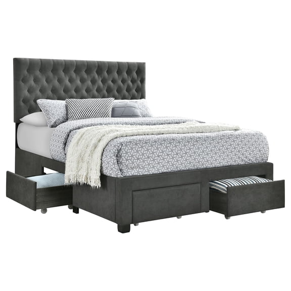 Pemberly Row 4-Drawer Button Tufted Fabric Eastern King Storage Bed in Charcoal