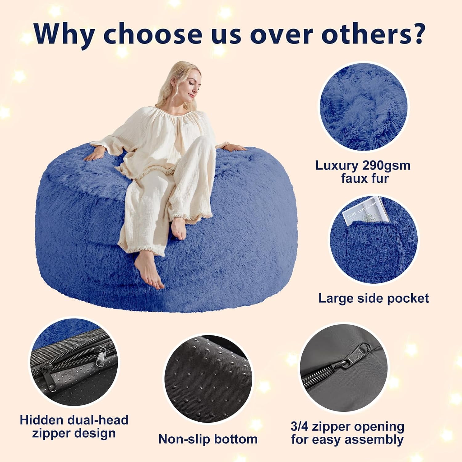 RAINBEAN Large Bean Bag Chair Cover, Plush Bean Bags Chairs Cover Only Without Filler Included, Beanbag Chairs for Adults, Teens, Kids, Dark Blue 5FT
