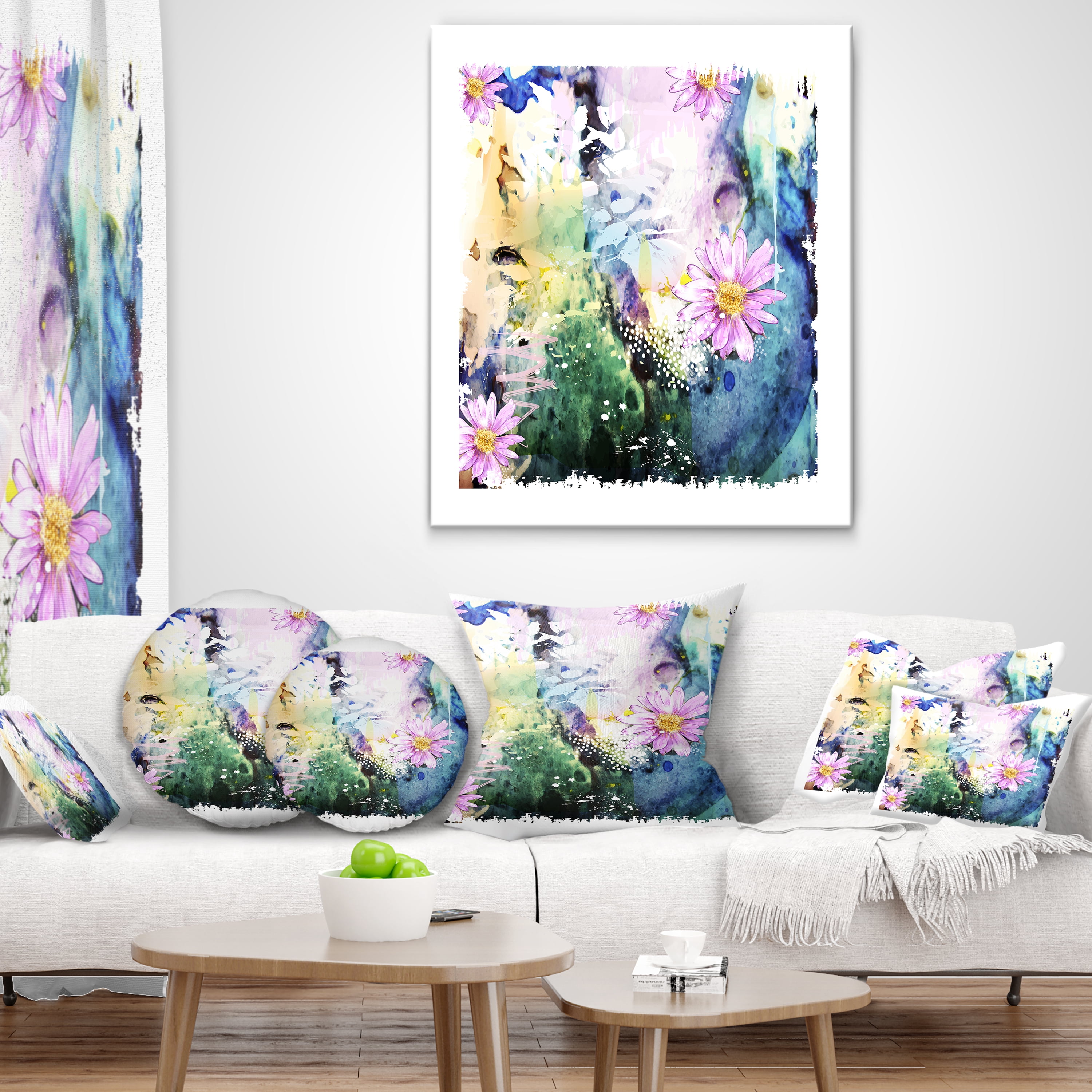 Designart Abstract Blue Pink Floral Art - Floral Throw Pillow - 12x20